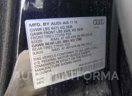 AUDI Q8 PREMIUM 2019 vin WA1AVAF17KD017587 from auto auction Copart