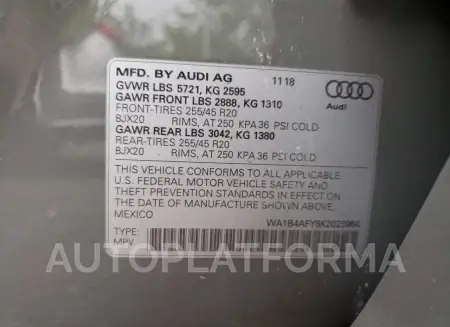 AUDI SQ5 PREMIU 2019 vin WA1B4AFY8K2023964 from auto auction Copart