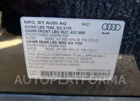 AUDI E-TRON SPO 2021 vin WA12AAGE8MB037265 from auto auction Copart