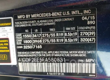 MERCEDES-BENZ GL 350 BLU 2015 vin 4JGDF2EE5FA580831 from auto auction Copart