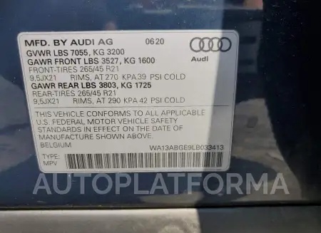 AUDI E-TRON SPO 2020 vin WA13ABGE9LB033413 from auto auction Copart