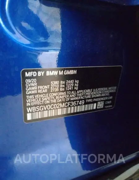 BMW M8 2021 vin WBSGV0C02MCF36749 from auto auction Copart