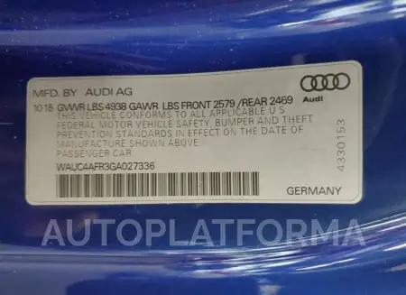 AUDI S5 PREMIUM 2016 vin WAUC4AFR3GA027336 from auto auction Copart