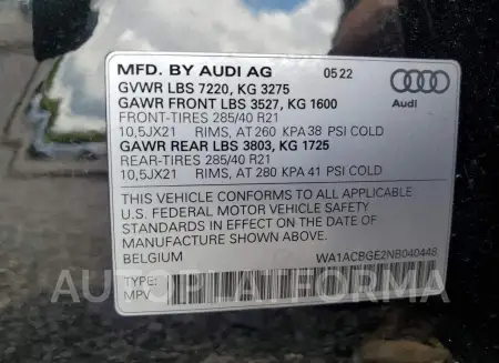 AUDI E-TRON S P 2022 vin WA1ACBGE2NB040448 from auto auction Copart