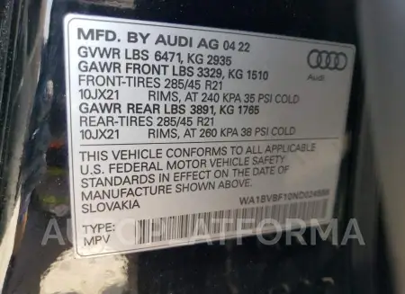 AUDI Q8 PREMIUM 2022 vin WA1BVBF10ND024556 from auto auction Copart