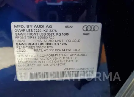 AUDI E-TRON S P 2022 vin WA1VCBGEXNB043129 from auto auction Copart