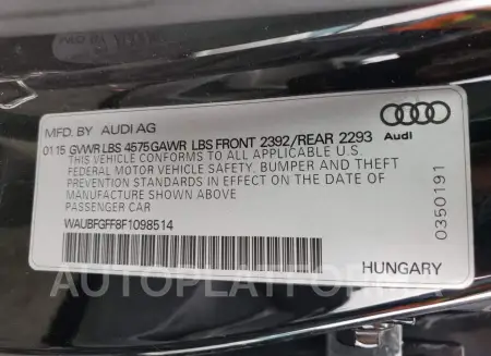 AUDI S3 PREMIUM 2015 vin WAUBFGFF8F1098514 from auto auction Copart