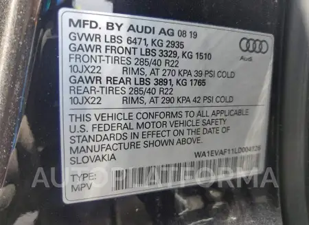 AUDI Q8 PREMIUM 2020 vin WA1EVAF11LD004126 from auto auction Copart