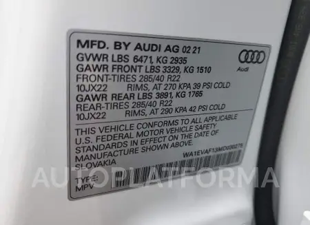 AUDI Q8 PREMIUM 2021 vin WA1EVAF13MD030275 from auto auction Copart