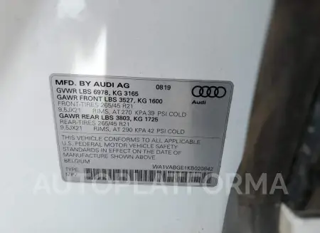 AUDI E-TRON PRE 2019 vin WA1VABGE1KB020842 from auto auction Copart