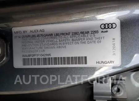 AUDI S3 2015 vin WAUBFGFF1F1042995 from auto auction Copart