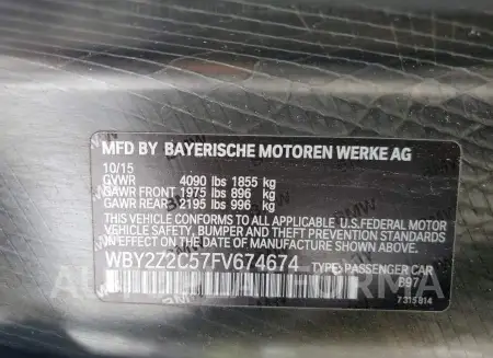 BMW I8 2015 vin WBY2Z2C57FV674674 from auto auction Copart