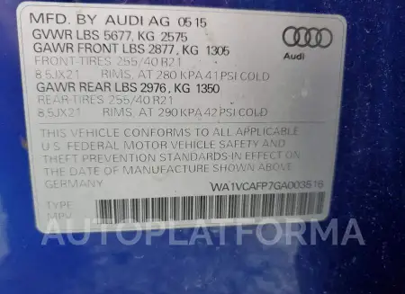 AUDI SQ5 PRESTI 2016 vin WA1VCAFP7GA003516 from auto auction Copart