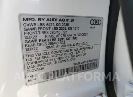 AUDI Q8 PREMIUM 2020 vin WA1EVAF10LD017269 from auto auction Copart