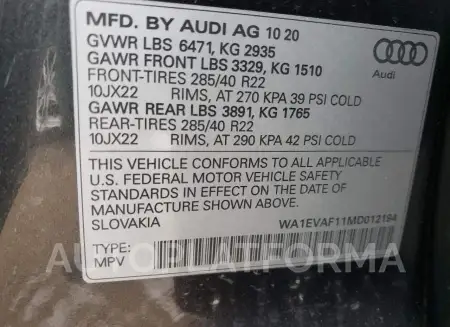 AUDI Q8 PREMIUM 2021 vin WA1EVAF11MD012194 from auto auction Copart