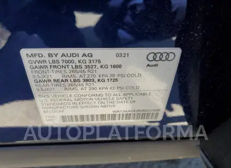 AUDI E-TRON SPO 2021 vin WA13AAGE9MB032998 from auto auction Copart