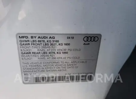 AUDI E-TRON PRE 2019 vin WA1VABGE9KB010799 from auto auction Copart