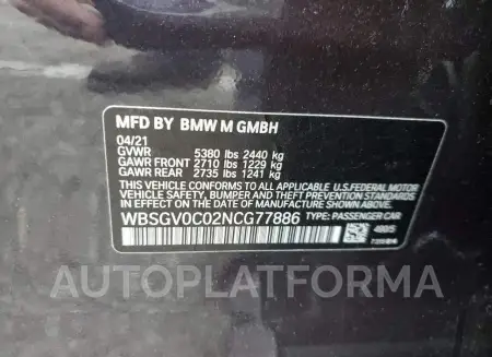 BMW M8 2022 vin WBSGV0C02NCG77886 from auto auction Copart