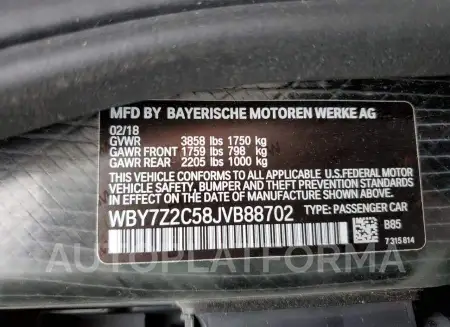 BMW I3 BEV 2018 vin WBY7Z2C58JVB88702 from auto auction Copart