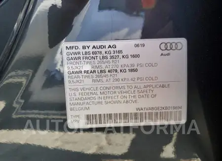 AUDI E-TRON PRE 2019 vin WA1VABGE2KB018694 from auto auction Copart