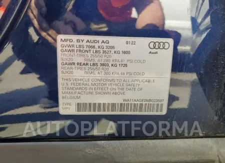 AUDI E-TRON SPO 2022 vin WA11AAGE0NB023597 from auto auction Copart