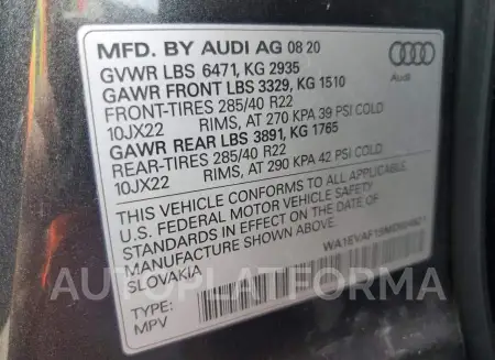 AUDI Q8 PREMIUM 2021 vin WA1EVAF19MD004621 from auto auction Copart