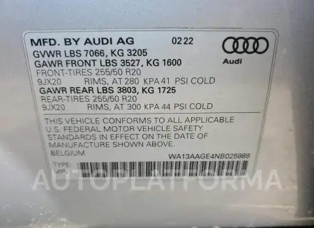 AUDI E-TRON SPO 2022 vin WA13AAGE4NB025989 from auto auction Copart