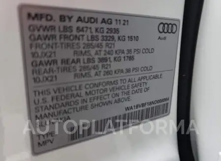 AUDI Q8 PREMIUM 2022 vin WA1BVBF18ND008864 from auto auction Copart