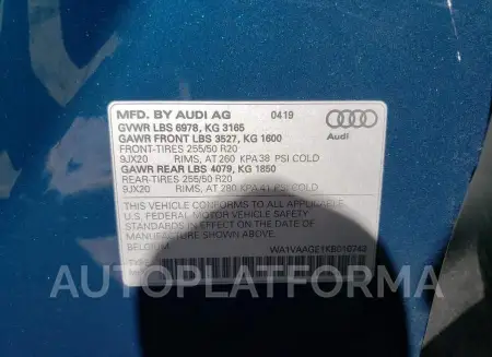 AUDI E-TRON PRE 2019 vin WA1VAAGE1KB010743 from auto auction Copart