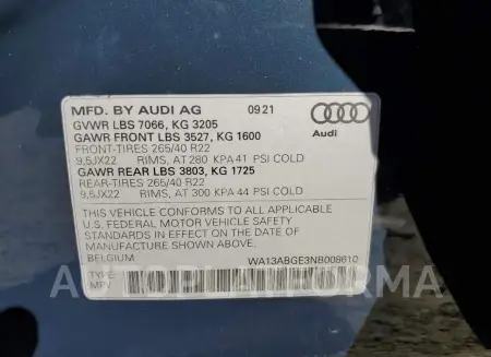 AUDI E-TRON SPO 2022 vin WA13ABGE3NB008610 from auto auction Copart