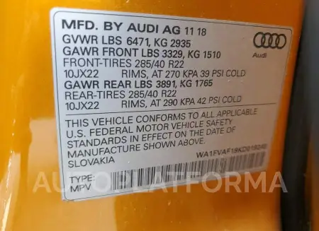 AUDI Q8 PRESTIG 2019 vin WA1FVAF19KD019248 from auto auction Copart