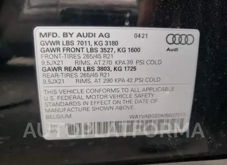 AUDI E-TRON PRE 2021 vin WA1VABGE0MB037313 from auto auction Copart