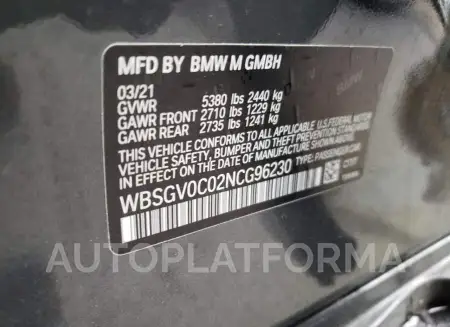 BMW M8 2022 vin WBSGV0C02NCG96230 from auto auction Copart