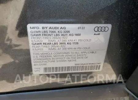 AUDI E-TRON SPO 2022 vin WA13AAGE9NB022067 from auto auction Copart