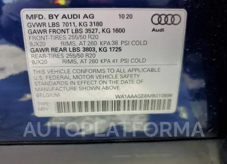 AUDI E-TRON PRE 2021 vin WA1AAAGE6MB010898 from auto auction Copart