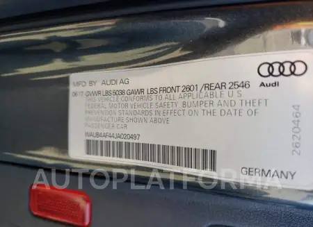 AUDI S4 PREMIUM 2018 vin WAUB4AF44JA020497 from auto auction Copart