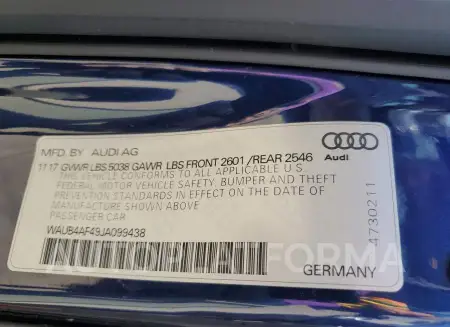 AUDI S4 PREMIUM 2018 vin WAUB4AF49JA099438 from auto auction Copart