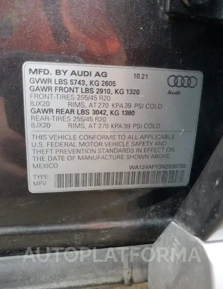 AUDI SQ5 SPORTB 2022 vin WA124AFY3N2036755 from auto auction Copart