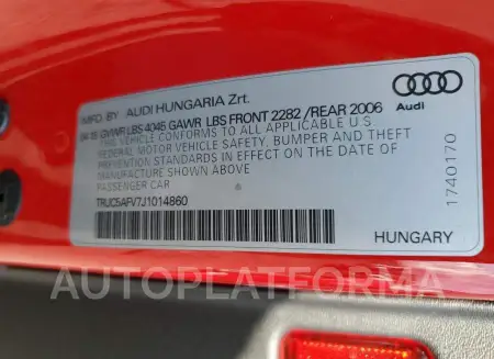 AUDI TT 2018 vin TRUC5AFV7J1014860 from auto auction Copart