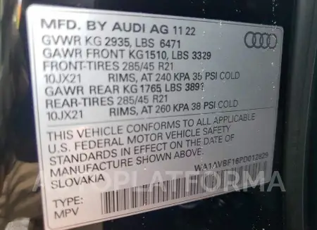 AUDI Q8 PREMIUM 2023 vin WA1AVBF16PD012829 from auto auction Copart