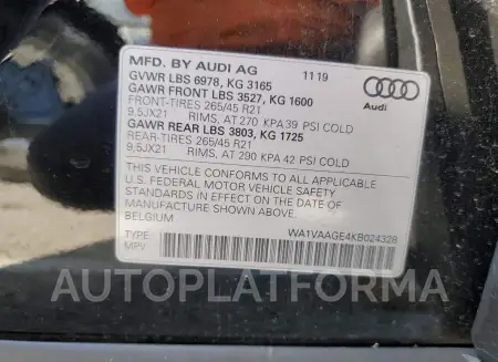 AUDI E-TRON PRE 2019 vin WA1VAAGE4KB024328 from auto auction Copart