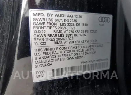 AUDI Q8 PREMIUM 2021 vin WA1EVAF17MD022406 from auto auction Copart