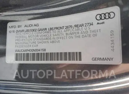 AUDI S5 PREMIUM 2016 vin WAUC4AFH0GN004158 from auto auction Copart