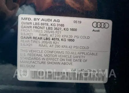 AUDI E-TRON PRE 2019 vin WA1VABGE3KB013620 from auto auction Copart