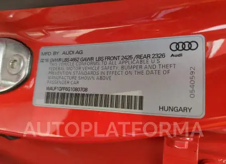 AUDI S3 PRESTIG 2016 vin WAUF1GFF6G1080708 from auto auction Copart