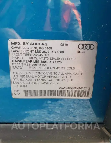 AUDI E-TRON PRE 2019 vin WA1VABGE8KB020742 from auto auction Copart