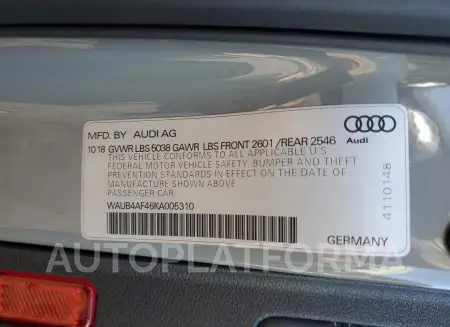 AUDI S4 PREMIUM 2019 vin WAUB4AF46KA005310 from auto auction Copart