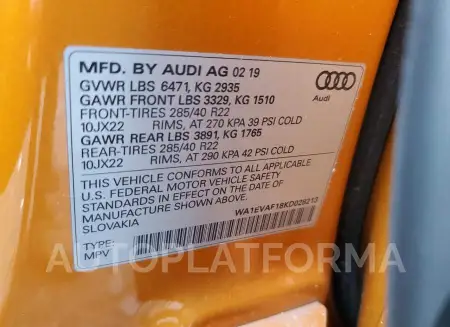 AUDI Q8 PREMIUM 2019 vin WA1EVAF18KD028213 from auto auction Copart