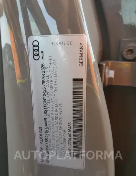 AUDI S3 PREMIUM 2020 vin WAUE1GFFXLA016483 from auto auction Copart