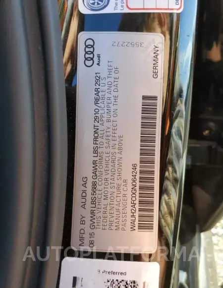 AUDI S6 PRESTIG 2016 vin WAUH2AFC0GN064246 from auto auction Copart